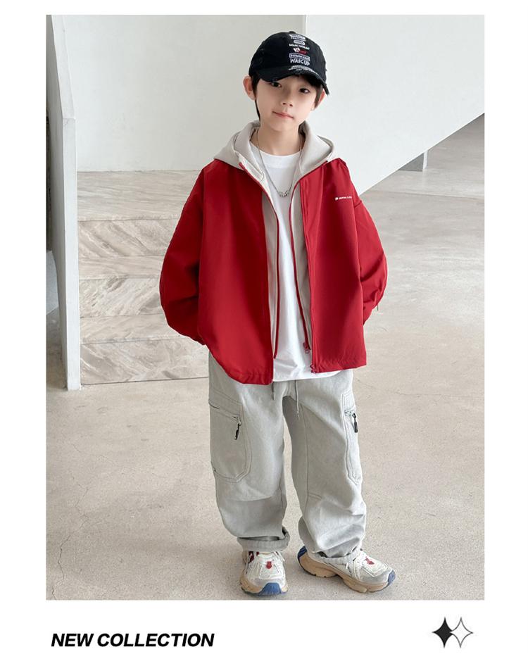 Boys' Spring and Autumn Coat 2026 New Style Big Boys' Spring Dress Boys' Red Spring Hooded Children's Handsome Fake Two Piece