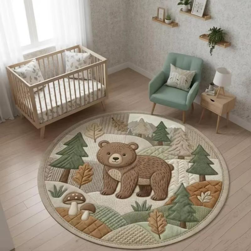 Tapis de sol rond Patchwork Bohème Lion de la Jungle Tapis Doux Antidérapant Espace de Jeu pour Enfants Balcon Bureau Tapis de Décoration Intérieure 100x100cm 40inch