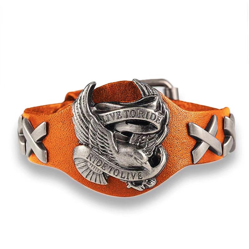 Ride To Live Bracelets Male Bird Skull Retro Bracelet Homme Genuine Leather Bracelet Men Woman Bracelets Bangles