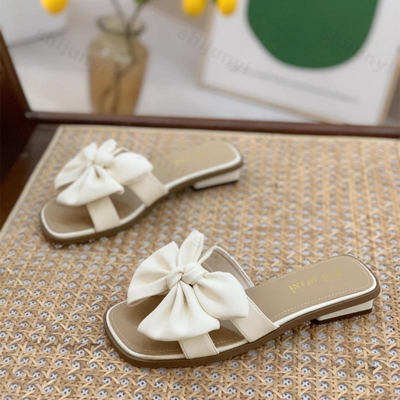 Fashion Summer Women Slippers 2025 New Square Toe Open Toe Bow Sandal Breathable Casual Solid Color Fashion Women Slippers Zapatos Mujer