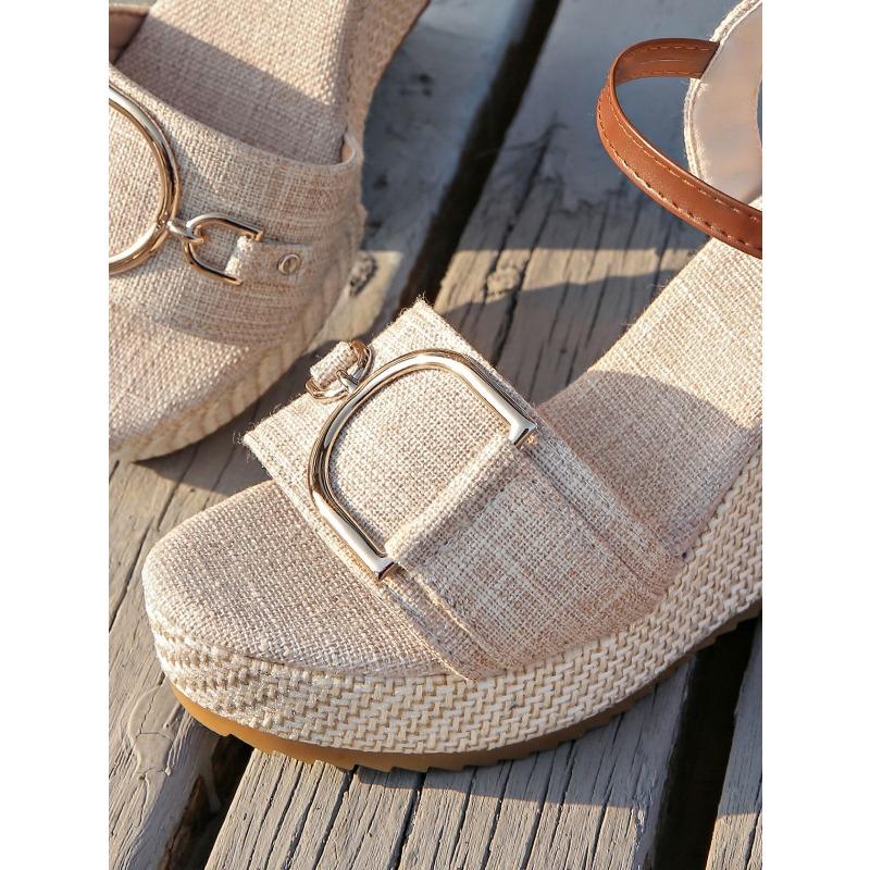 Damen-Übergrößen-Sommersandalen, europäischer und amerikanischer Stil, gewebte Stroh-Römer-Strandschuhe, Keilabsatz, offene Zehenpartie mit Schnalle.