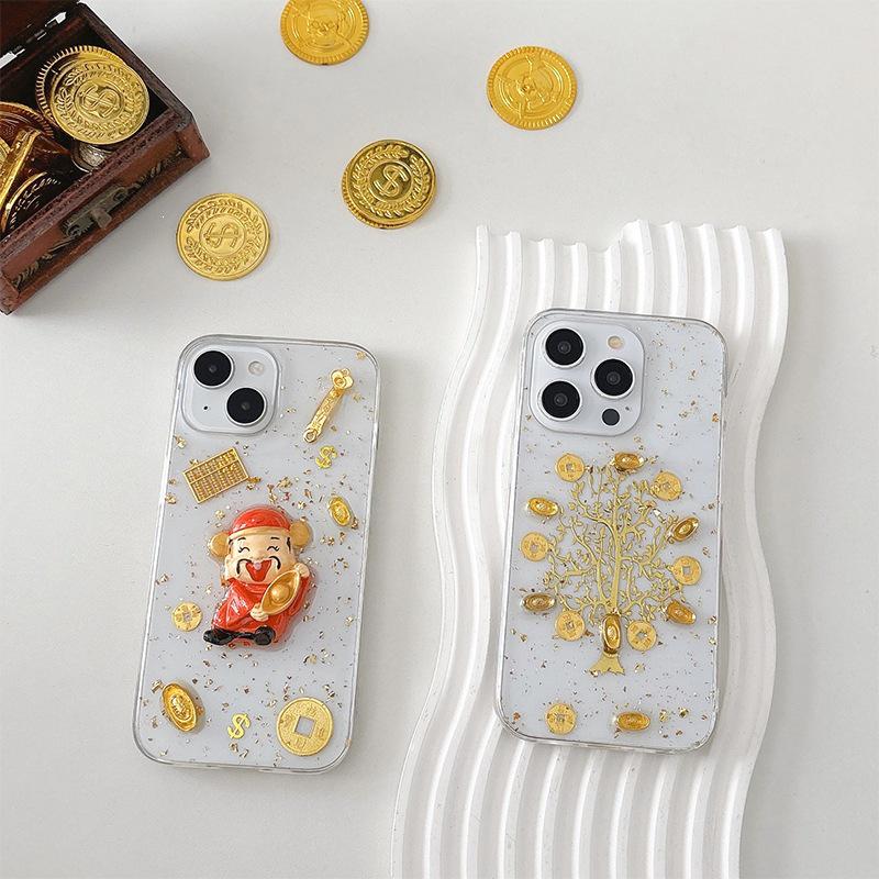 New Year Money Tree God of Wealth Transparent Phone Case for iPhone 16 Pro Max/17 with Epoxy Ingots Design