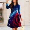 Women Plus Size Round Neck Long Sleeve Swing Midi Dress Space Galaxy Golden Textured Heart Print High Waist Dress