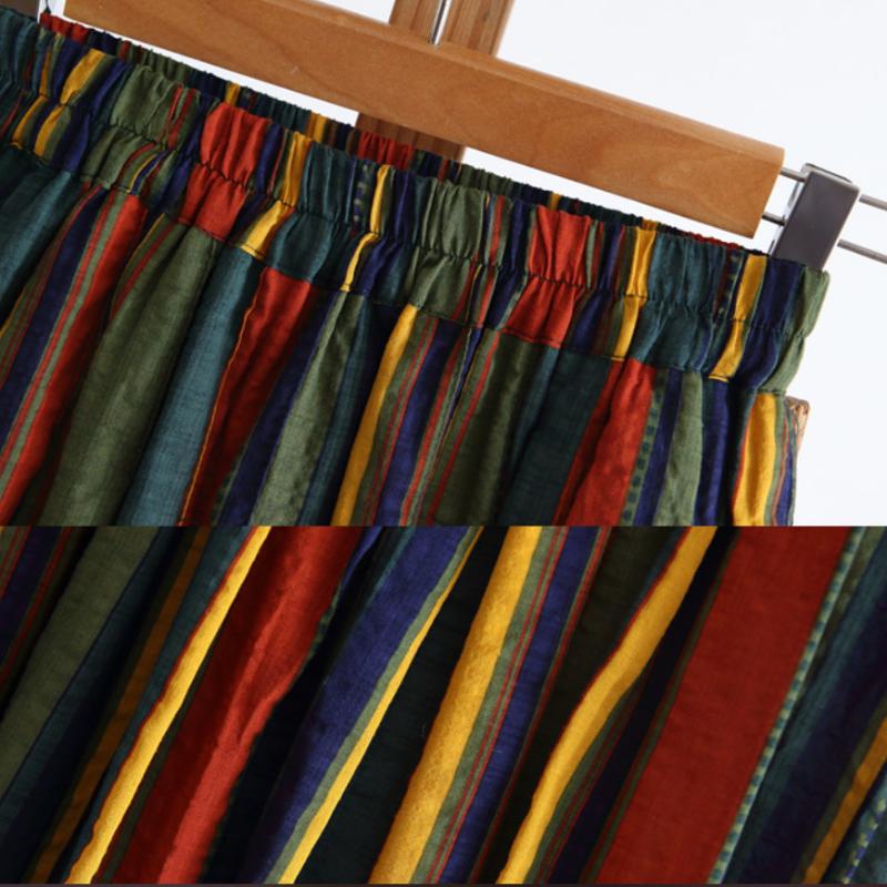 Japanese Mori Girl Women Midi Colorful Skirt High Waist Striped A-Line Skirt Cotton Linen Vintage Elegant Ladies Casual Skirt