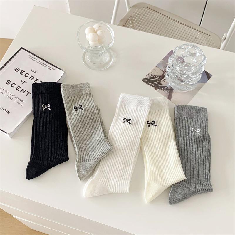 Bow Ultra-Thin Medium Tube Socks Solid Color Cotton Breathable Mesh Socks Ballet Style Stacking Socks