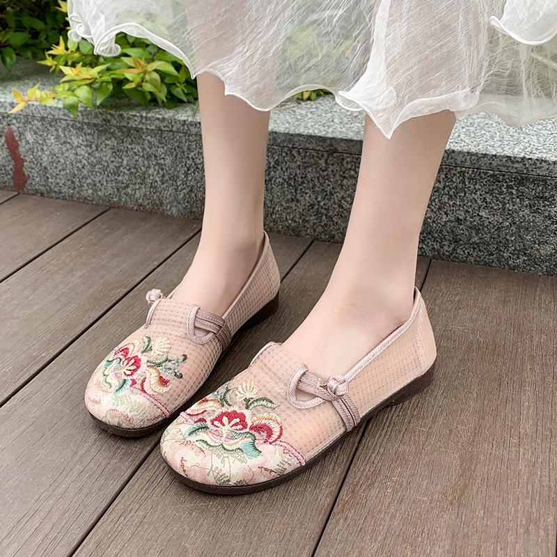 Edison Embroidery One Pedal Summer Mesh Breathable Women's Soft-soled Middle-aged and Elderly Mother Flat-soled Old Beijing Cloth Shoes