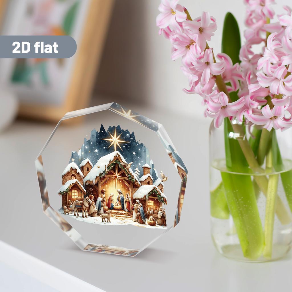 Nine-Sided Acrylic Nativity Scene Ornament - Jesus' Birth with Mary, , Jesus & Angel, Stable Manger Figurine Replica, 2D Flat Rotating-Like Effect
