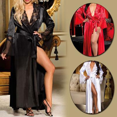 Women With Belt Silk Satin Lace Lingerie Sleepwear Robe Long Nightdress Nightgown Sleepwear Pajamas