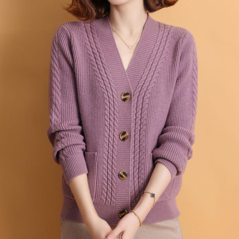 Cardigan Tricotado Decote V Outono Inverno Mulher Simples Manga Longa Torcido Camisolas Mulher Combinação Total Cardigans Abotoamento Simples Senhoras