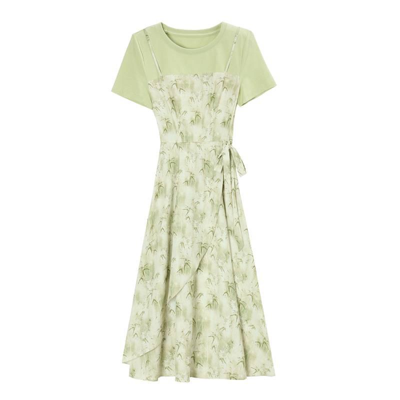 Mint Mambo Green Floral Two-Piece French Style Slim Waist Summer Dress