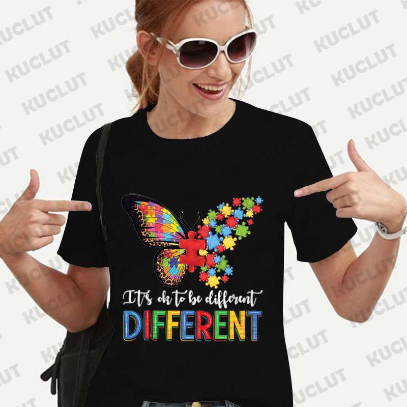 Its Okay To Be Different Autism Butterfly Shirt for Women Butterfly T-shirt Autism Acceptance Tshirt Short Sleeve Graphic Tops