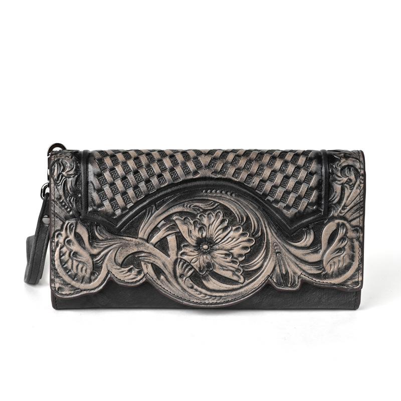 Chinese Style Leather Wallet for Women,Grain Cowhide Long Zip Around Wallet Large Capacity Tri-Fold Clutch Vintage Purse