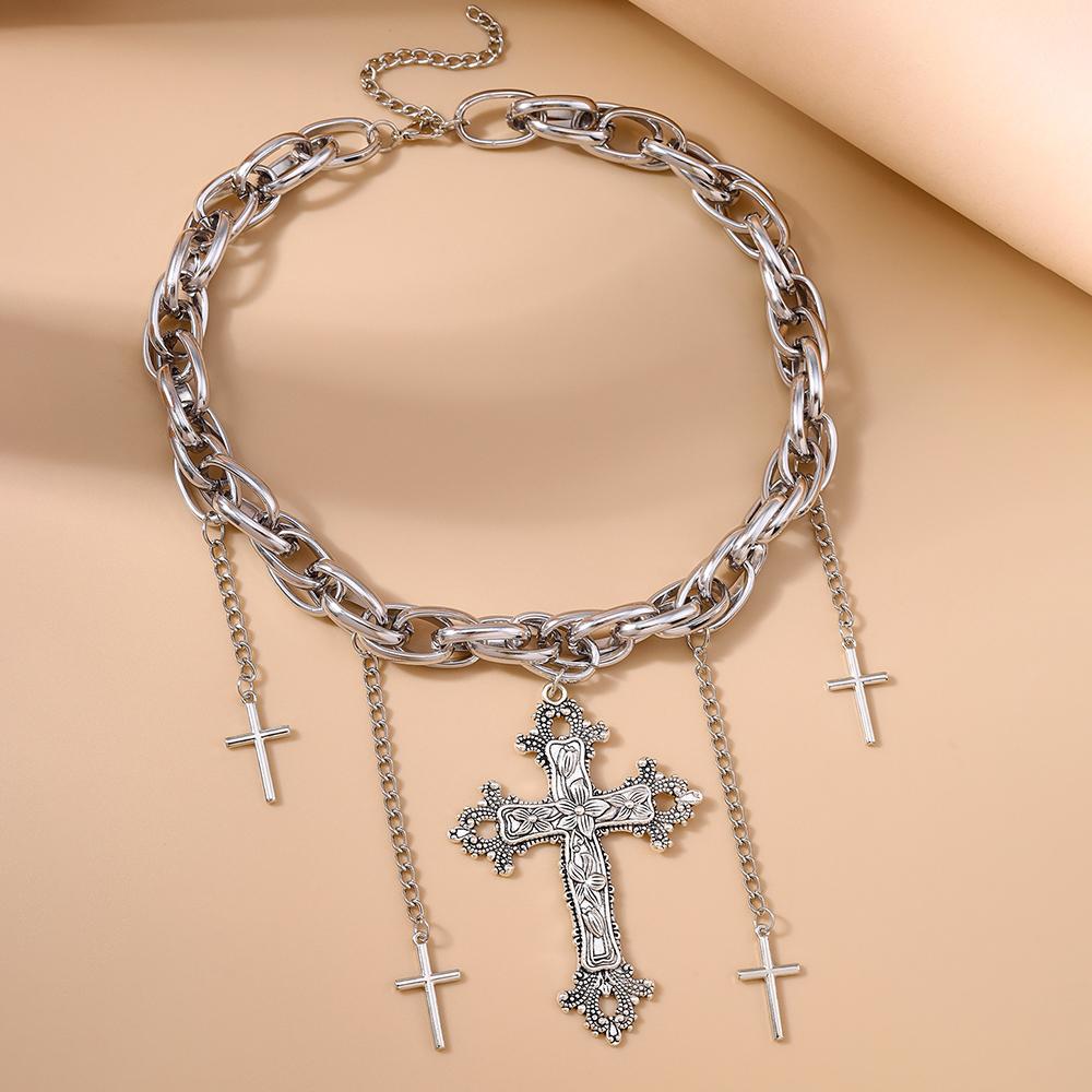 Cool Silver Color Cross Pendant Necklaces for Women Men Steampunk Choker Necklace Chain Streetwear Jewelry Gifts