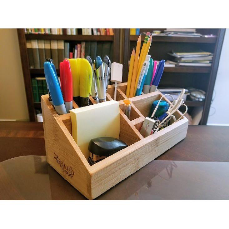 Small Multifunctional Bamboo Organizer | Desk Caddy | Home Office Accessory Tray | School Art Supply Holder | Pen Pencil Brush Compartment | Kitchen