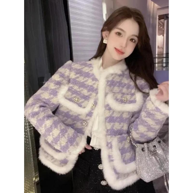 Cotton Coat Thicken Short Jacket Autumn Winter Aesthetic Clothing Imitation Mink Fur Coat Checkered Suit Fashion Commuter Style
