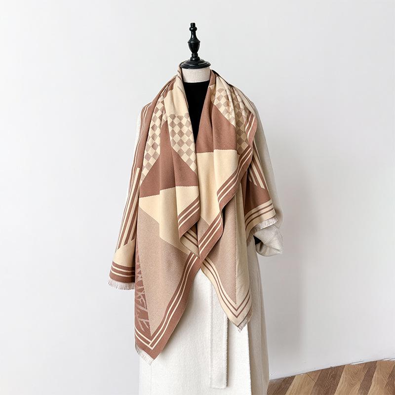 imitation cashmere scarf retro style plaid texture contrasting color double-sided personalized high-grade warm shawl