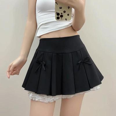 Lace Splicing Pleated Skirt for Women Spring Summer Cute Bow A-line Shorts Skirt Grey Vintage Korean Fashion Y2K Clothes