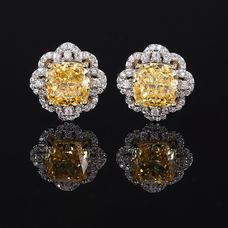 Jewelry High Carbon Diamond Ice Flower Cut Copper Inlaid Yellow Diamond Set Female Lead 12 * 12 * 8 * 8