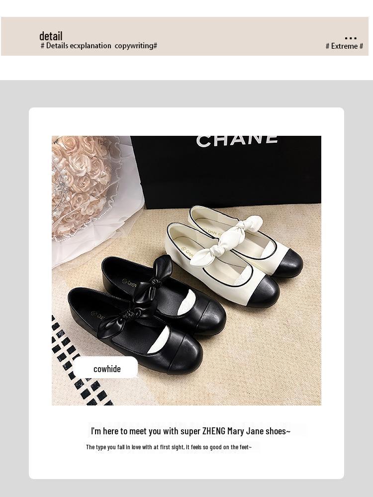 Cowhide 2025 Spring Bow Ballet Flats: Women's Genuine Leather Round Toe Mary Janes