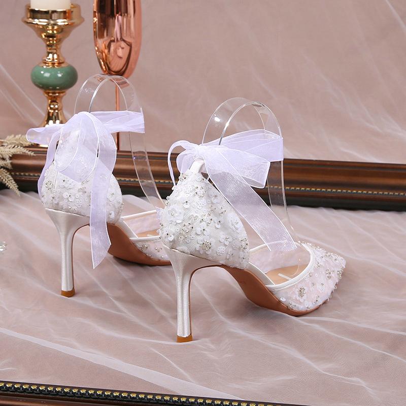Fashion French Style White Wedding Shoes Small Luxury Feeling Baotou Sandals Female Summer Lace Mesh Hollow High Heel Bride Single Shoes