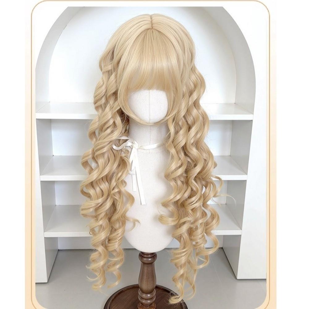 Harajuku Long Blonde Cosplay Wig 28inch Lolita Wig with Bangs Princess Curly Wavy Wig Carnival