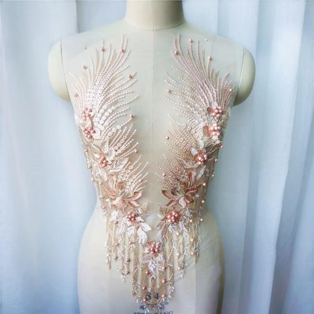 

Blue Red Lace Appliques Flower Tassel Beads Rhinestone Embroidered Appliques Fabric Flower Appliques Gown Embellishment