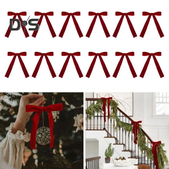 12Pcs Christmas Velvet Bows Red Ribbon Velvet Bows with Gold Twist Ties for Christmas Tree Wreath Garland Decoration
