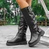 Mode Vintage Übergröße 36-42 Gürtelschnalle Ritterstiefel Damen 2025 Herbst Neu Runde Spitze Britischer Stil Botas Largas Mujer Schwarz PU