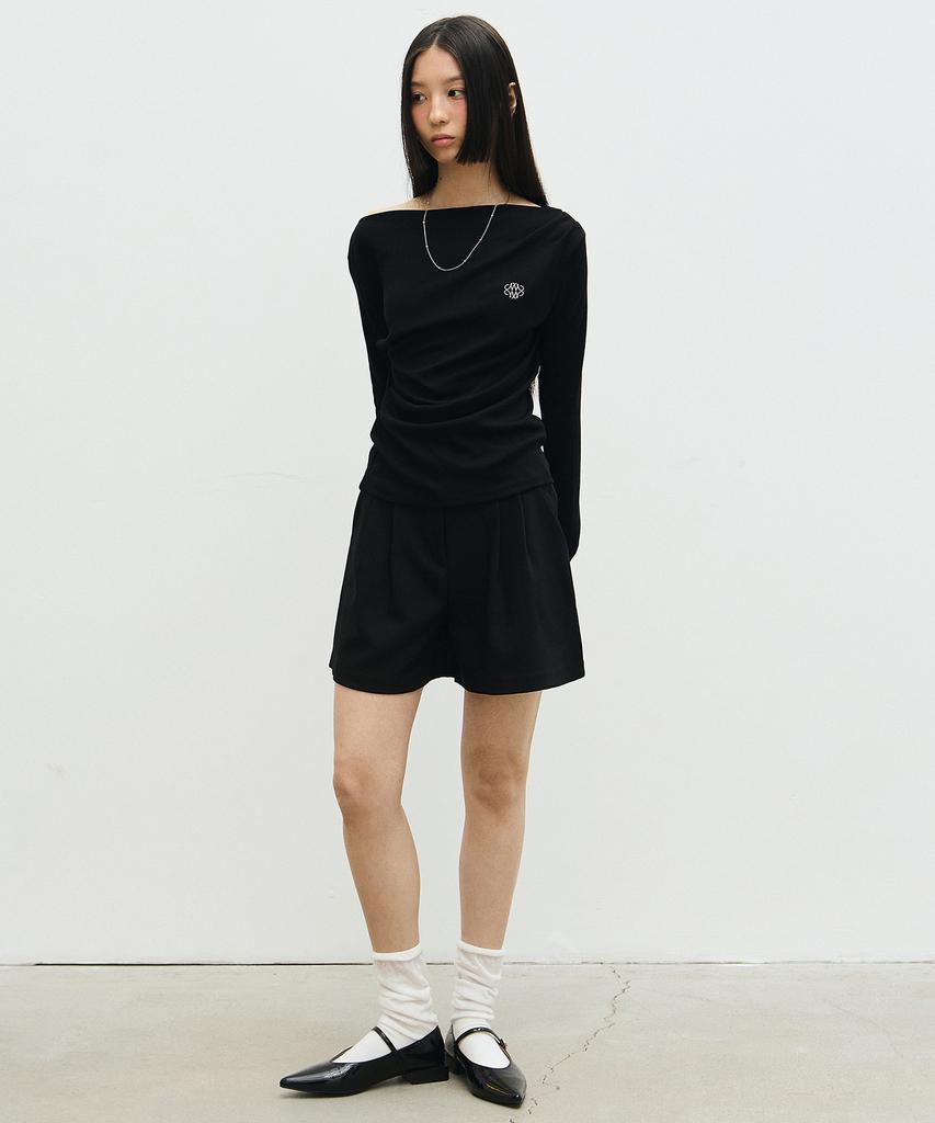 Nigaennikol Shirring Drape Boat Neck Top_Black