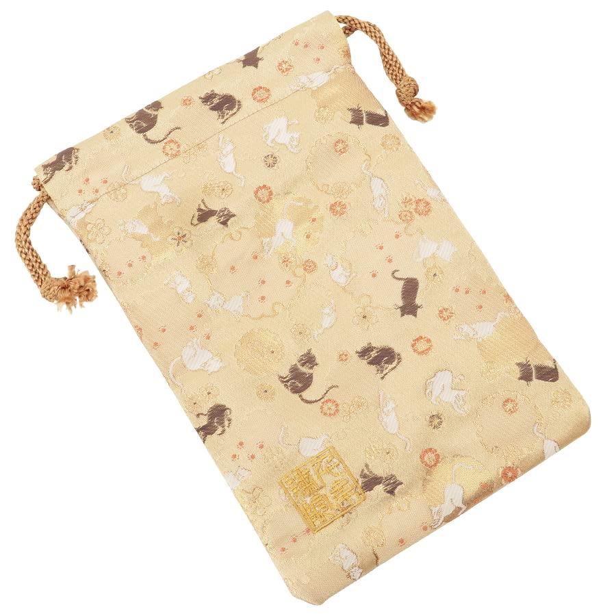 Senshishuin Nishijin Brocade Drawstring Bag Snowflake Cat Medium Size (Lined) Honey-Colored Design,
