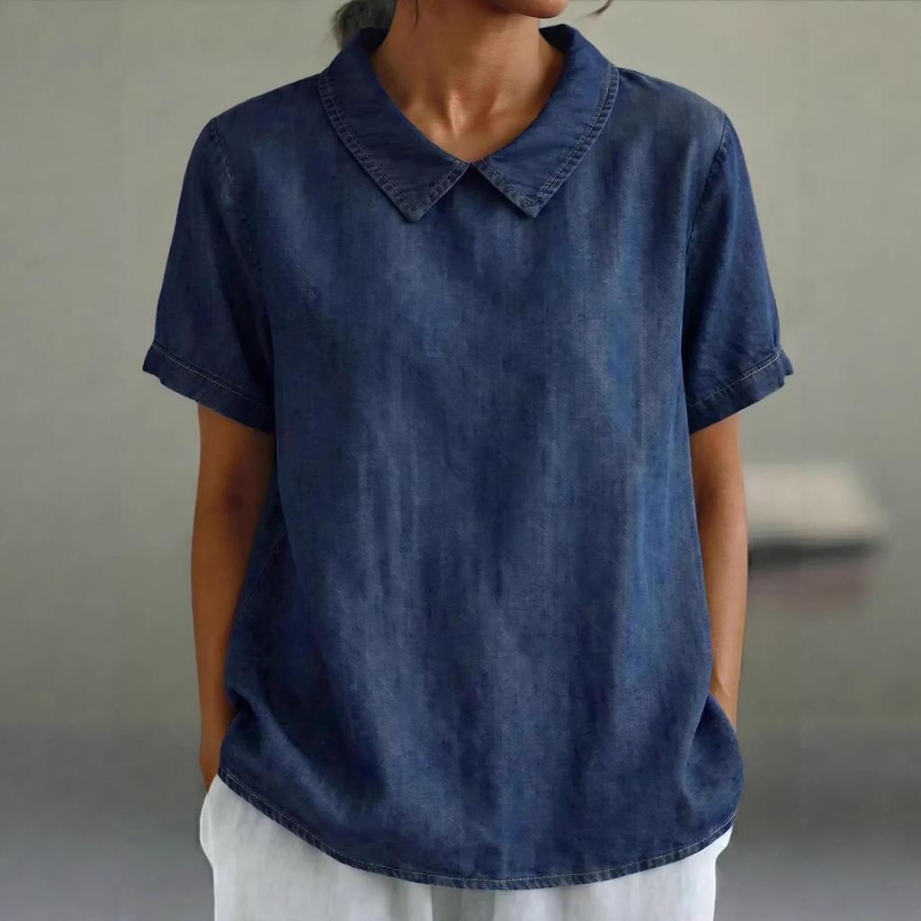 2026 European Spring/Summer Women's Casual Loose Lapel Faux Denim Short Sleeve Shirt