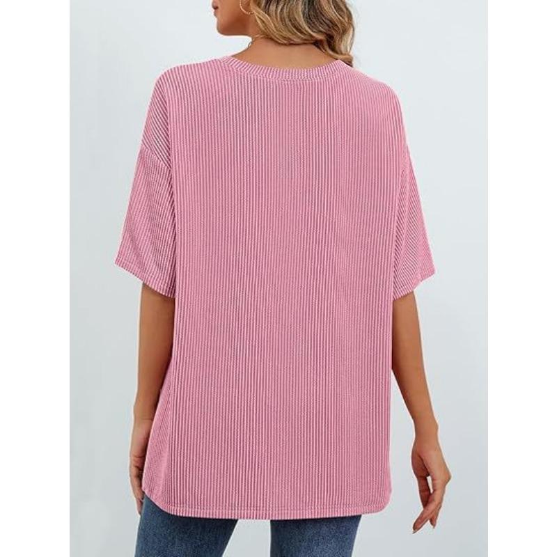 Women's Summer Short Sleeve Patch Pocket Top Oversized Round Neck Textured Casual Basic T-Shirt