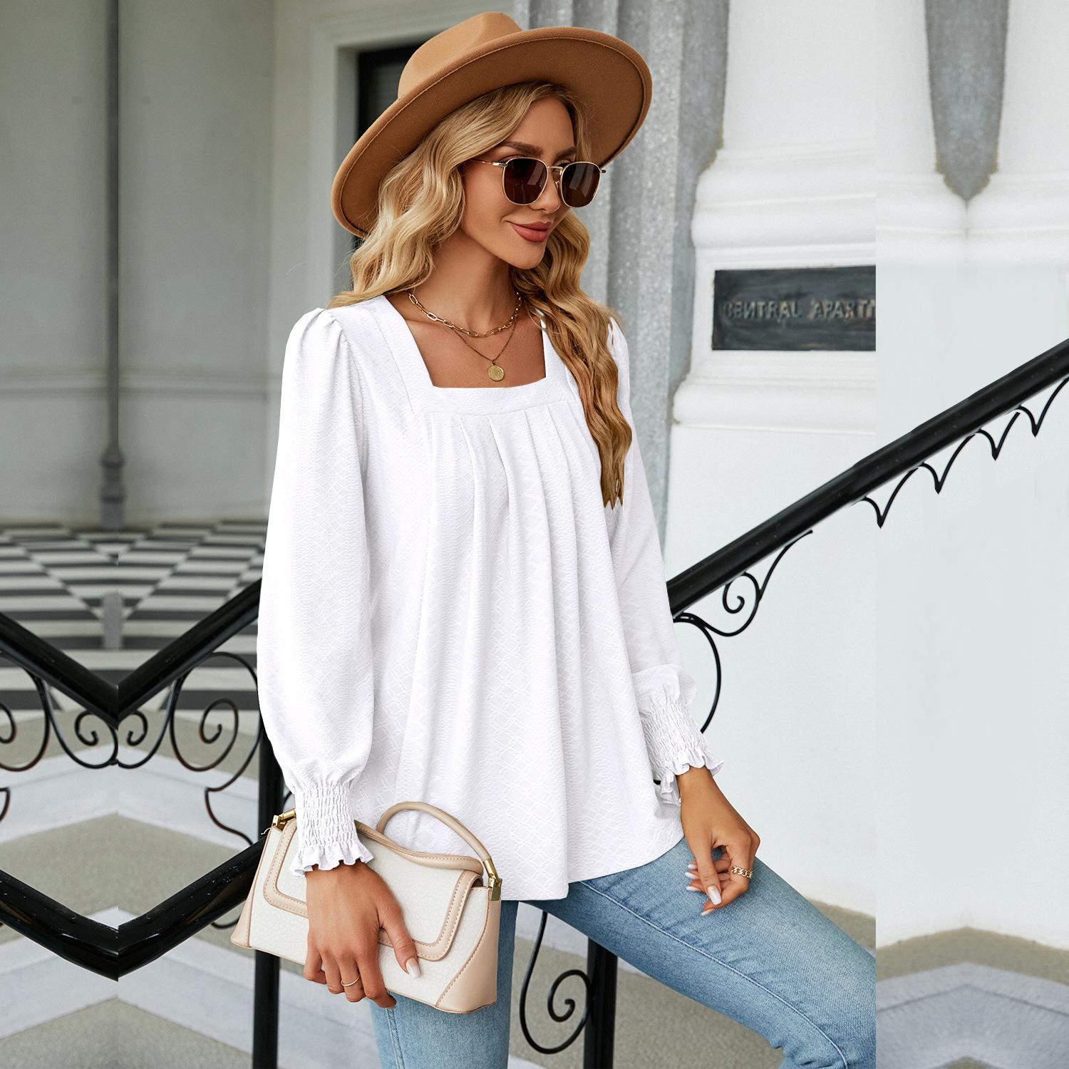 2023 Осень/зима женская повседневная однотонная свободная футболка с квадратным — фото 14