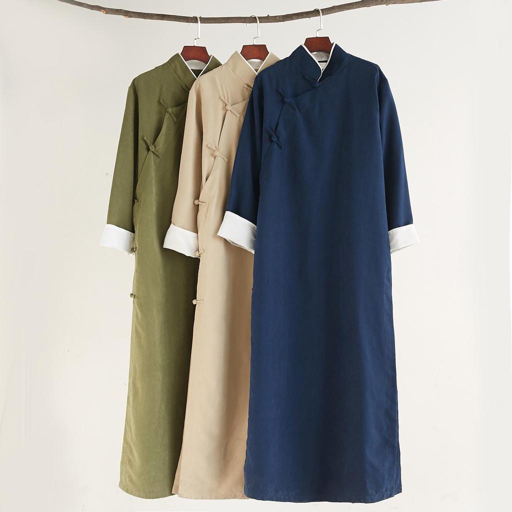 Ma Fan Men's Chinese Tang Suit Satin Long Robe: Snowflake Pattern, Stand-Up Collar, Roll-Up Sleeves, Solid Color