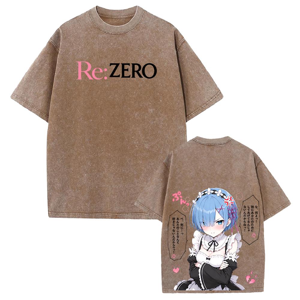 Cute Rem Re:ZERO Anime Printed T-shirt Harajuku Vintage Washed T Shirt Men Clothing Oversized Short Sleeve Cotton Tees Tops