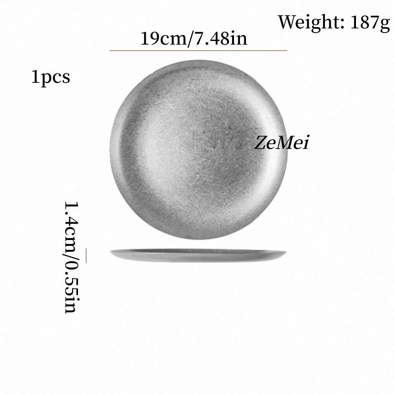Retro Stainless Steel Circle Dinner Plate,Gray Heat-Resistant Home Steak Plate Dinner Dishes Grill Tray Tableware,Kitchenware