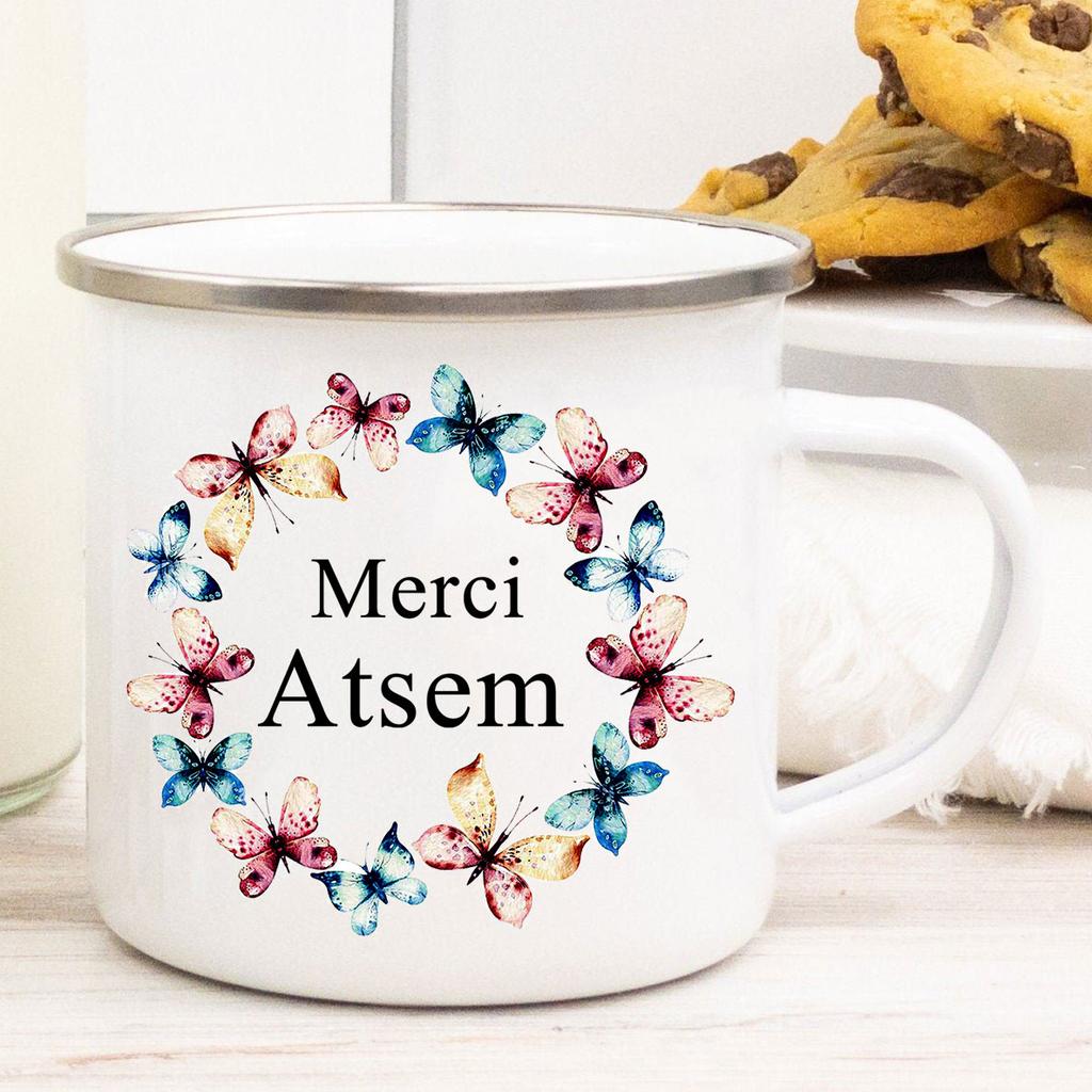 Französisch Danke Atsem Druck Emaille Tassen Kreative Kaffeetasse Getränke Saft Milch Tassen Schule Zuhause Henkel Trinkgeschirr Lehrergeschenke