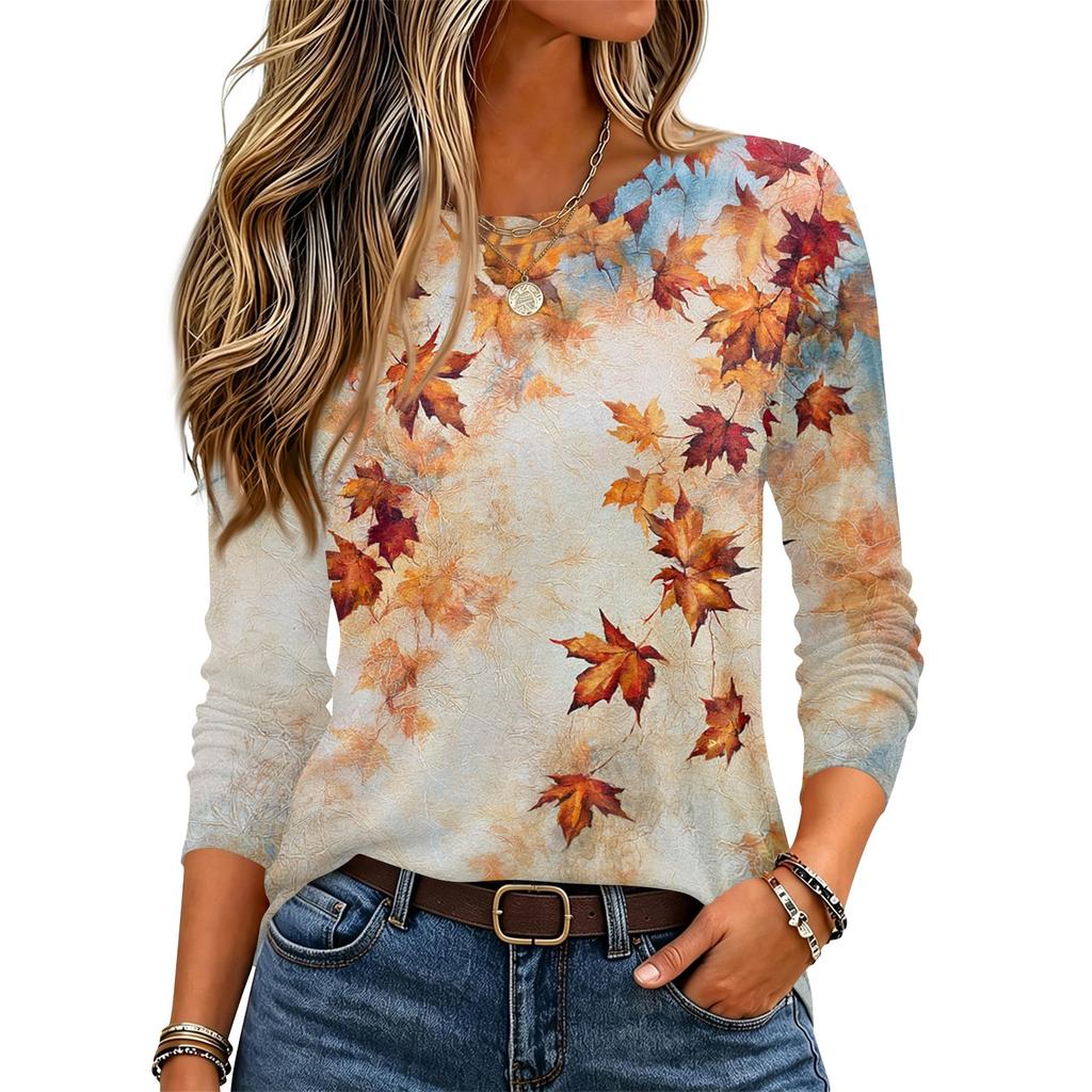 Women's Long Sleeve Neck Pullover Top with Leaf Print for Casual Daily Wear