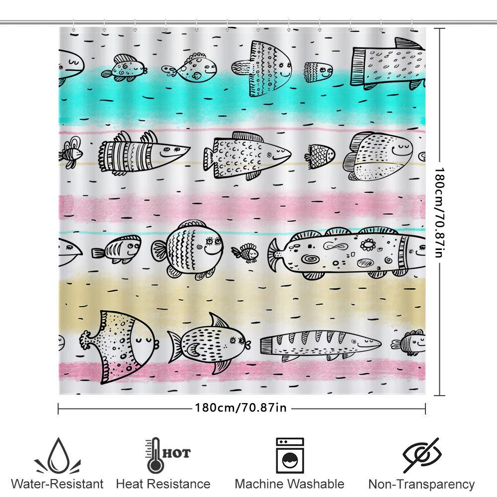 Hand-Drawn Fish Shower Curtain With Cartoon Style Blue, Pink Yellow Colors 180X180Cm For Bathroom Decoration
