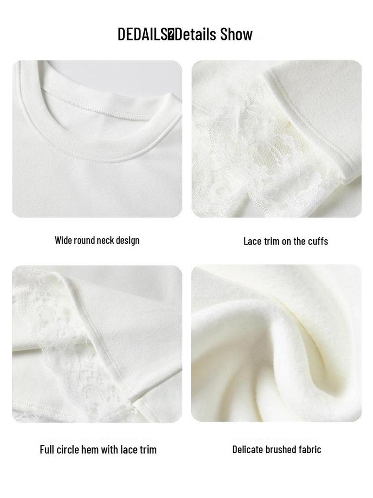 Weißes Damen-Langarmshirt mit Rundhalsausschnitt und Spitzenfutter – Herbst/Winter, figurbetont, mittellang, tragbarer Überwurf