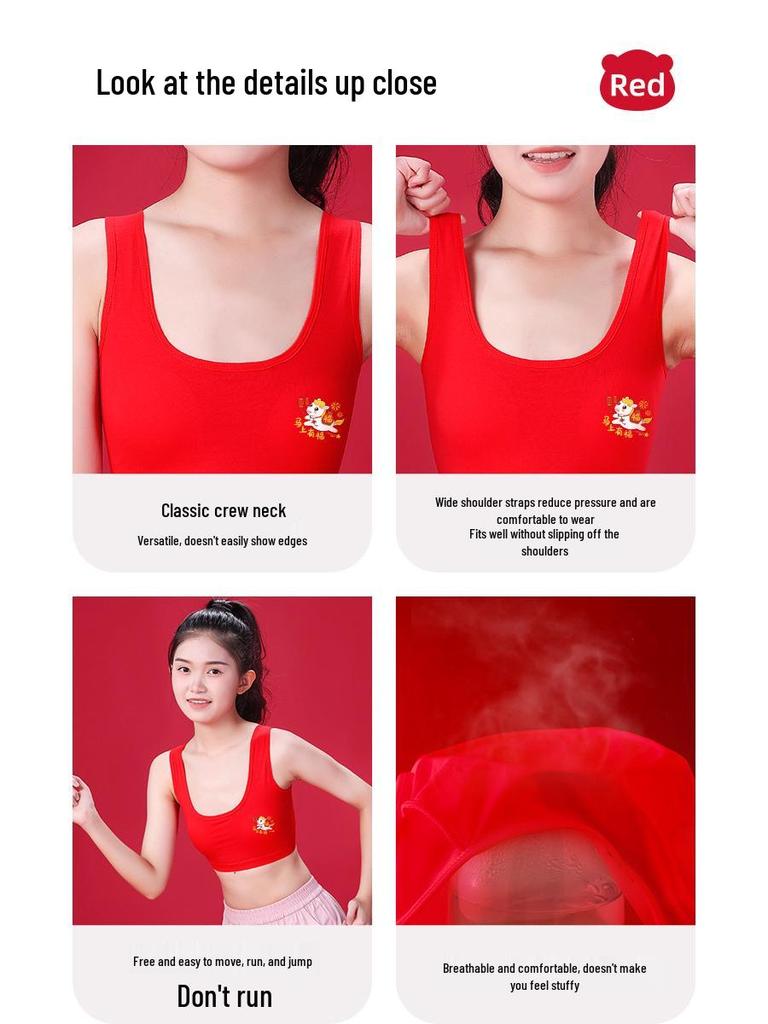 12-Year-Old Girls' Red Padded Zodiac Horse Bra - Anti-Nipple Show