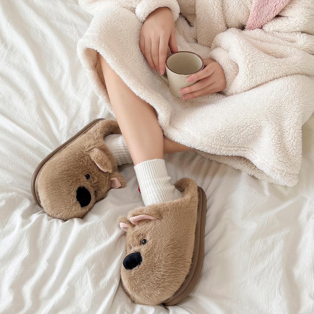 Fashion Cute Cartoon Dog Indoor Fluffy Slippers For Women Winter Platform Shoes Warm Faux Fur Thick Sole Female Home Floor Cotton Slides