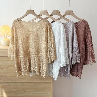 DIMANAF 2025 New Summer Women T-Shirt Tshirt Short Sleeve Bat Basic Fashion V-Neck Tops Tees Casual Loose White Tees