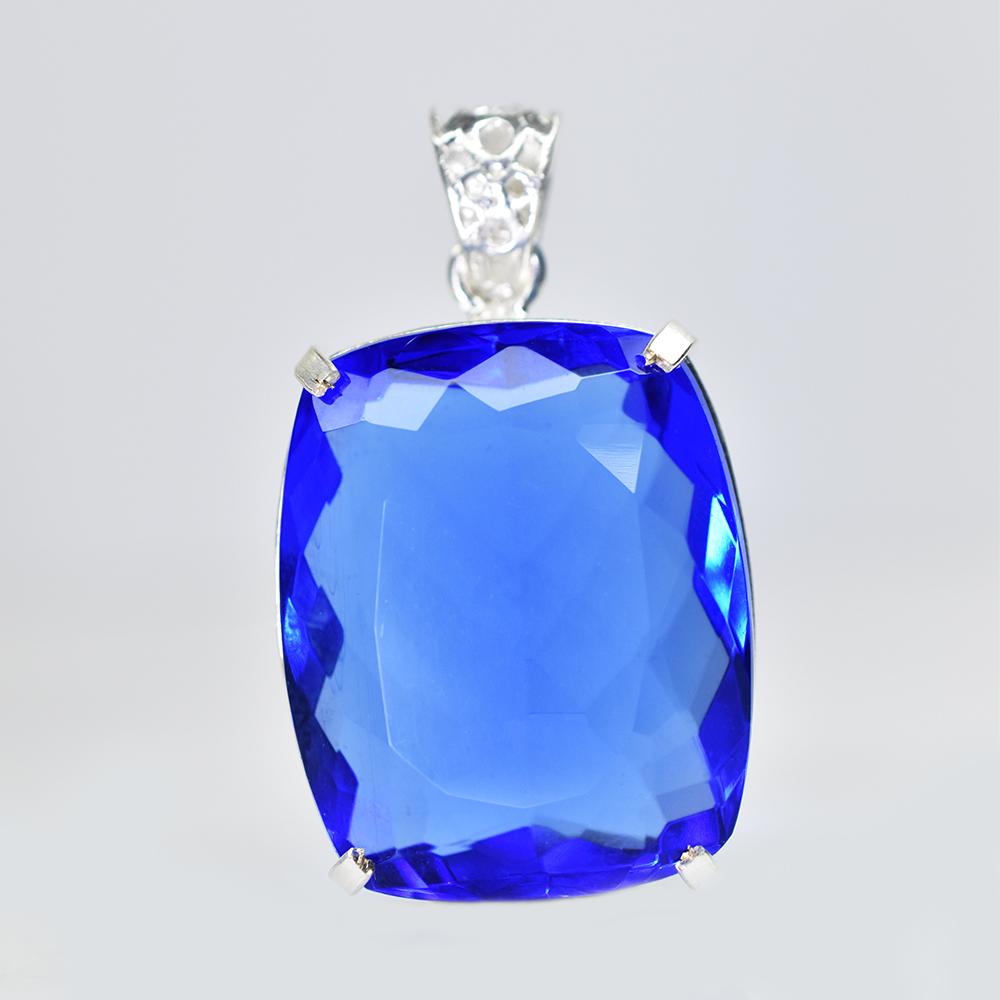 87.9 Ct Blue Sapphire CERTIFIED 925 Sterling Silver Cushion Gemstone Pendant AI-102-NS