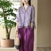 Women Embroidered Linen Blend Blouse V Neck Three Quarter Sleeve Button Down Casual Shirt