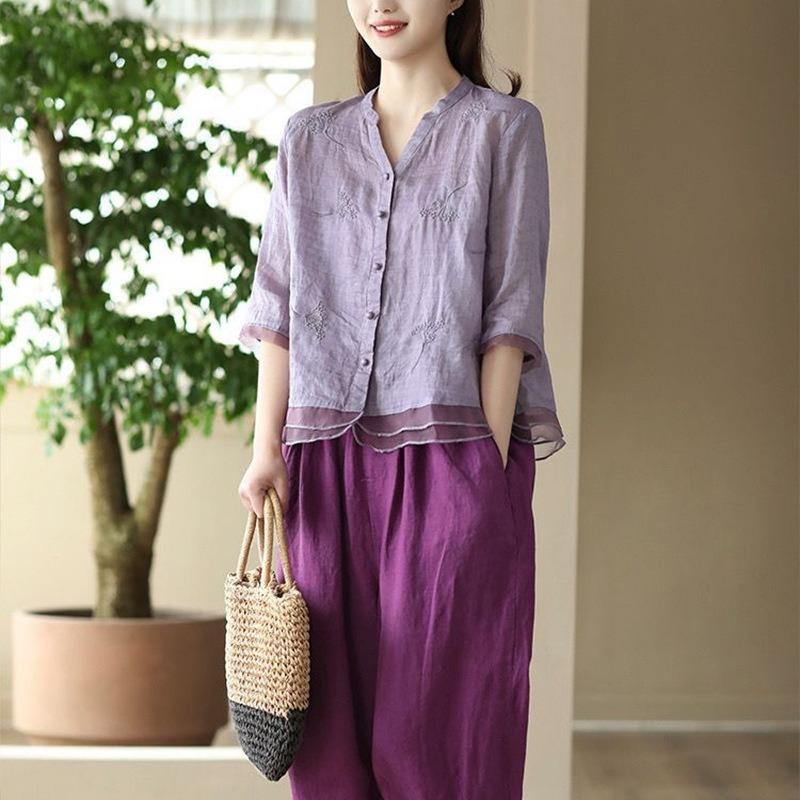 Women Embroidered Linen Blend Blouse V Neck Three Quarter Sleeve Button Down Casual Shirt