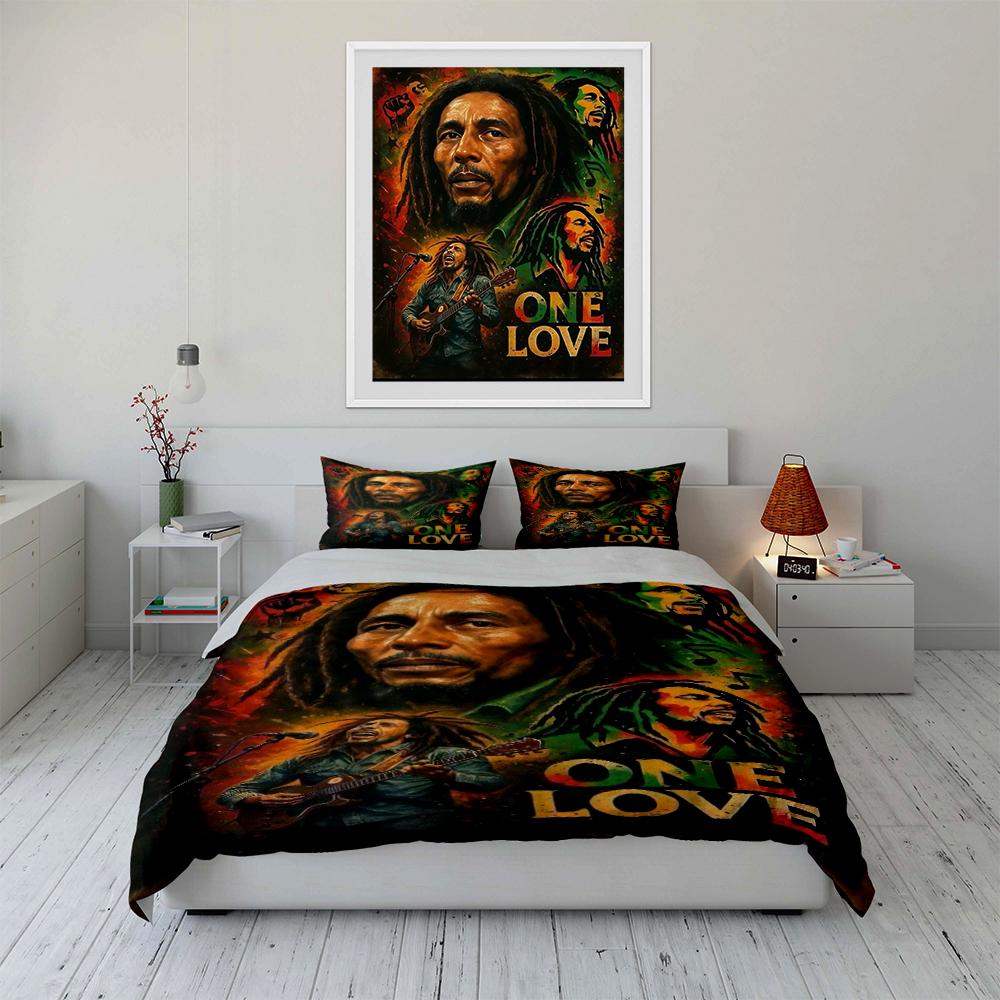 Set Biancheria da Letto Stile Reggae con Stampa One Love (1 copripiumino, 2 federe, piumino non incluso)