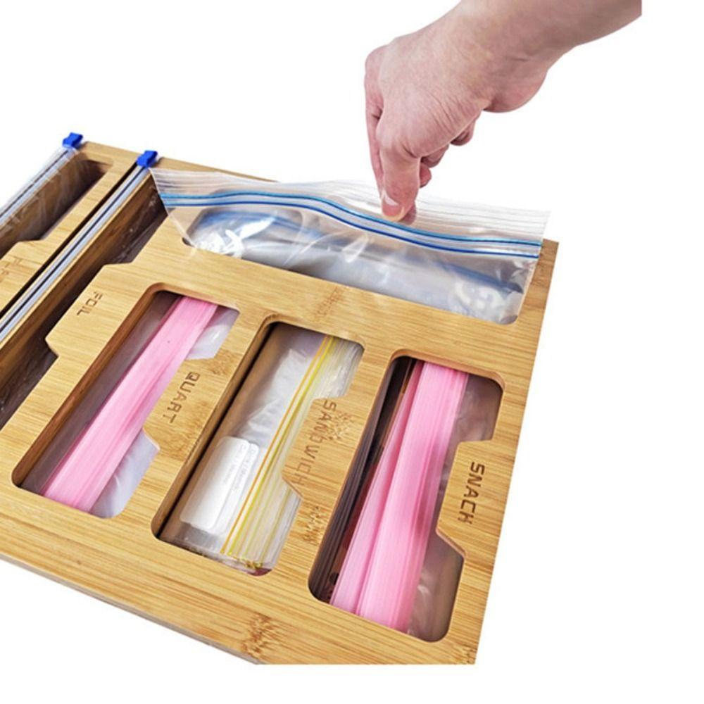 Bamboo Plastic Wrap Dispenser Wood Cling Film Holder Plastic Bag Organizer  Plastic Bag