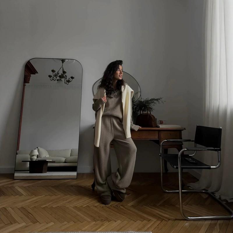 Womens Oversized Knit Set Soft Faux Fur Texture Solid Color Half-Zip Sweater Straight Leg Pants Winter Outfit