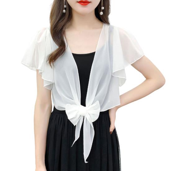 Ruffle Sleeve See-Through Front Lace-up Lady Cover-Up Chiffon Short Jacket Sunscreen